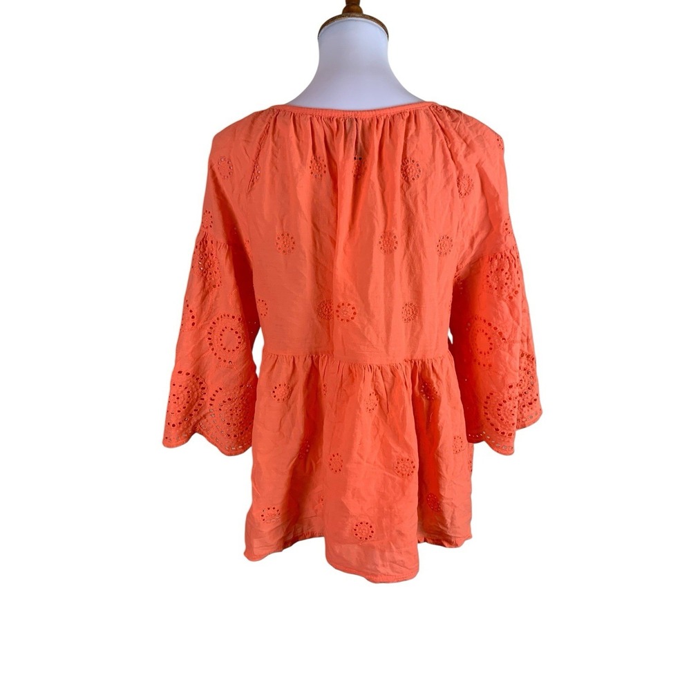 Venti6 Neon Orange Eyelet Boho Peasant Tunic Top Tassel Tie Large - Picture 2 of 3